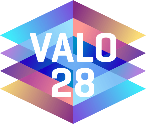 Mehrfarbige geometrische Formen überlappen sich, mit weißem Text „VALO 28“ in der Mitte.